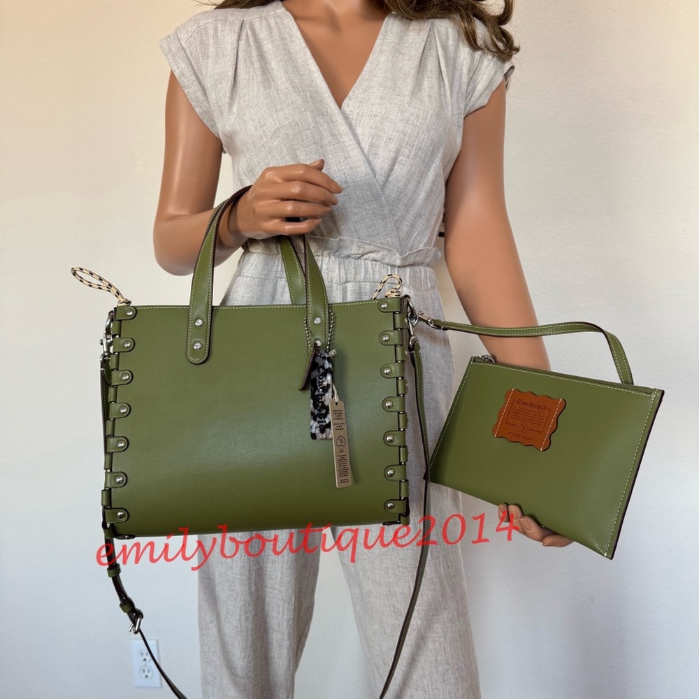 NWT Coach Retail CO667 Re Laceable Tote Olive Green Coachtopia Leather Pouch